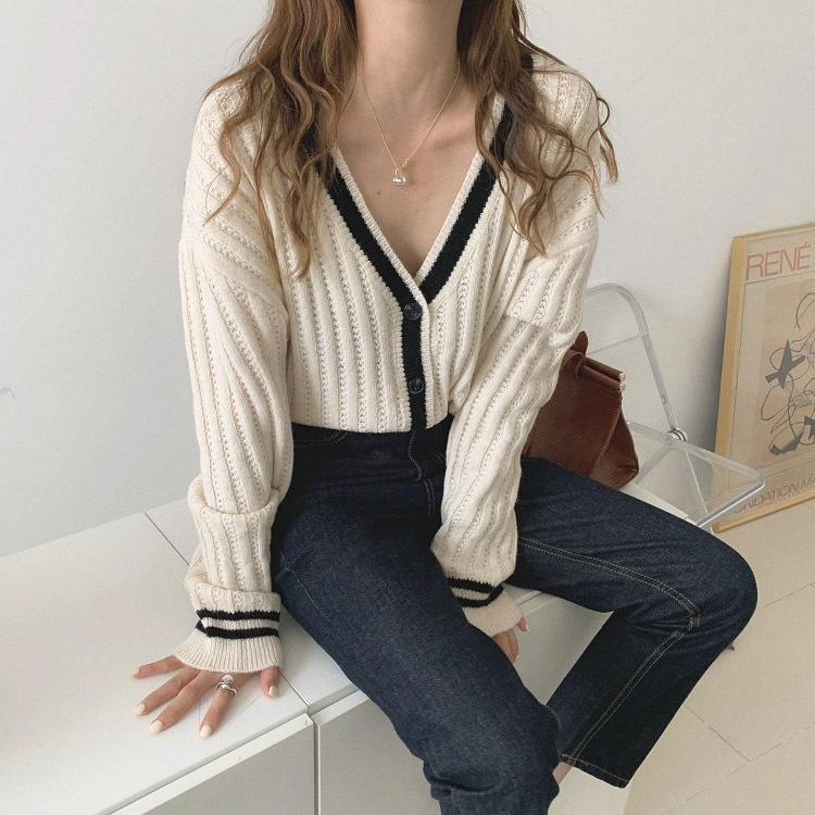 Vネック バイカラー ニットカーディガン