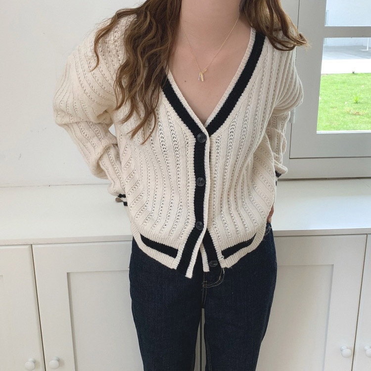 Vネック バイカラー ニットカーディガン