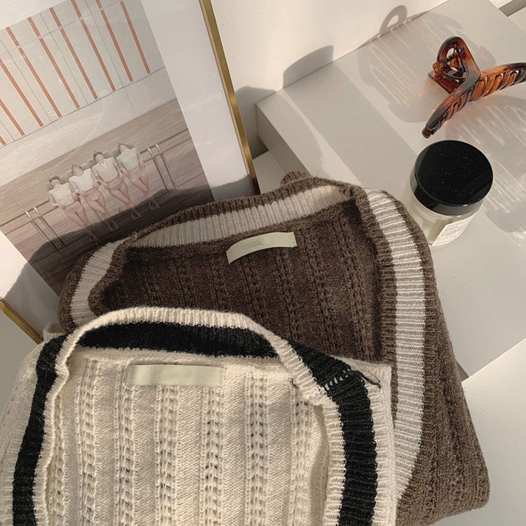 Vネック バイカラー ニットカーディガン