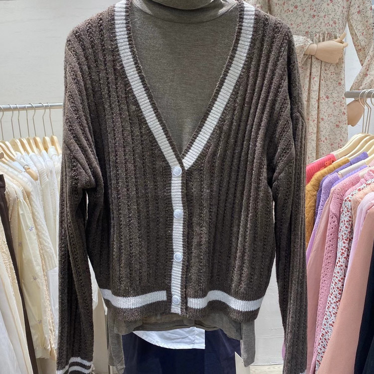 Vネック バイカラー ニットカーディガン