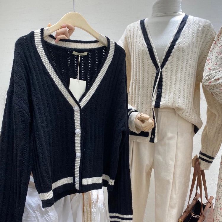 Vネック バイカラー ニットカーディガン