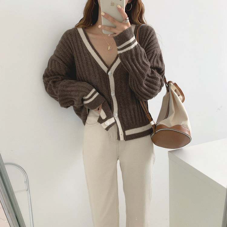 Vネック バイカラー ニットカーディガン