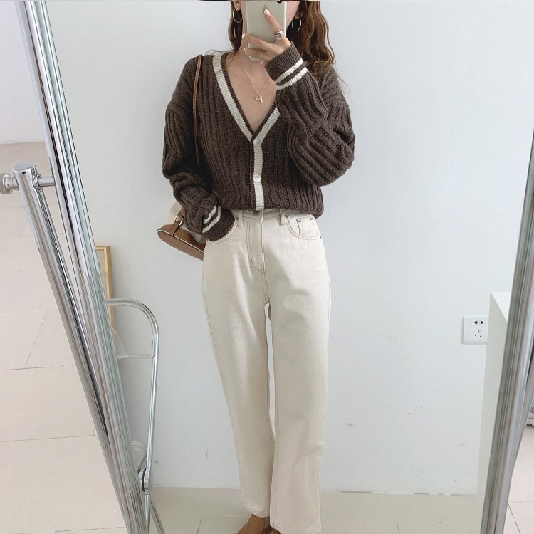 Vネック バイカラー ニットカーディガン