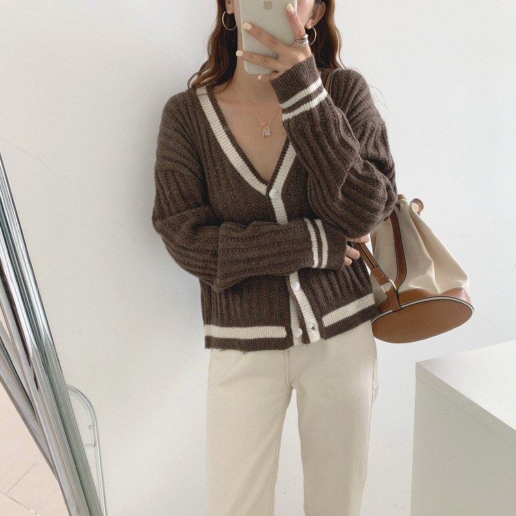 Vネック バイカラー ニットカーディガン