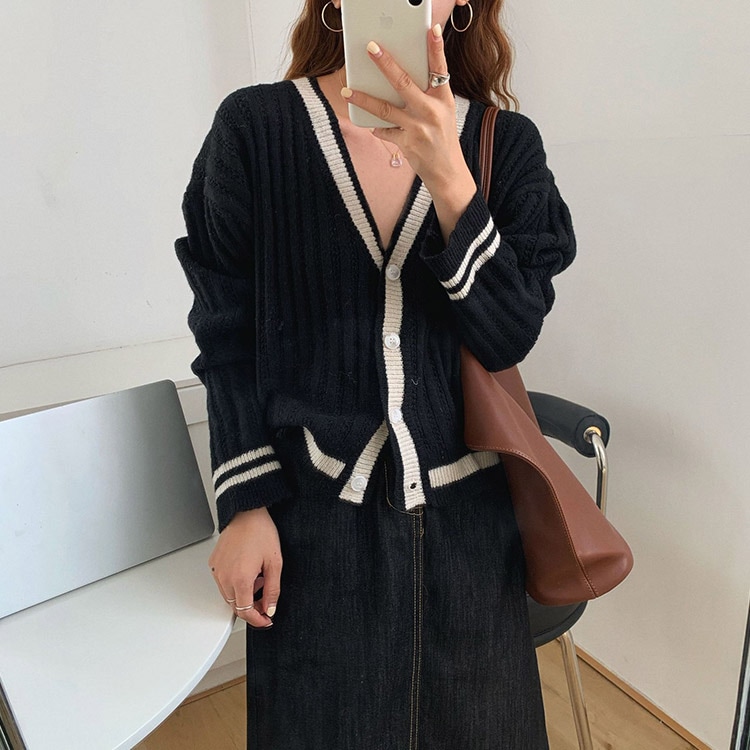 Vネック バイカラー ニットカーディガン