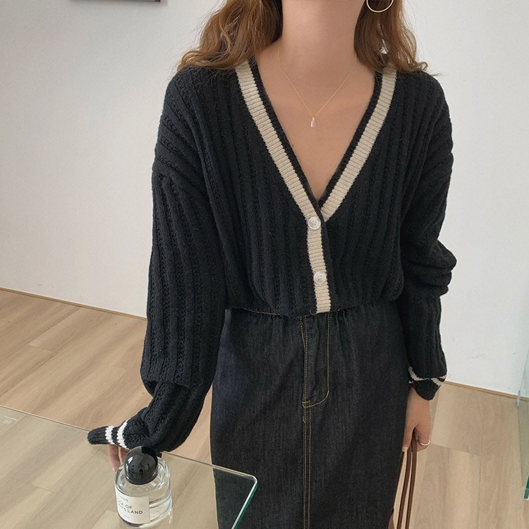 Vネック バイカラー ニットカーディガン