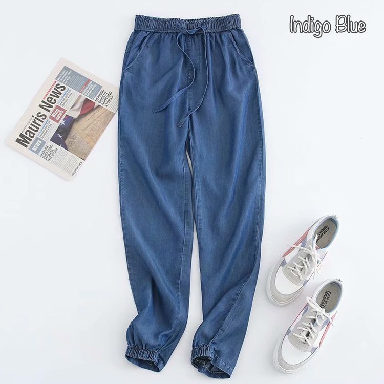ソフトデニム 裾ゴム ハーレムラインのデニムパンツ