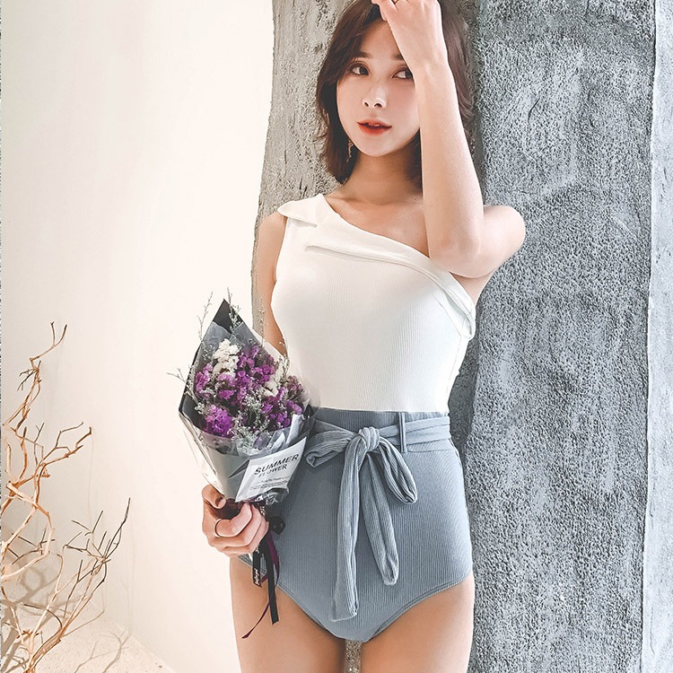 韓国 ウエストリボン バイカラー ワンピース 水着