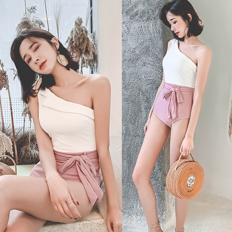 韓国 ウエストリボン バイカラー ワンピース 水着