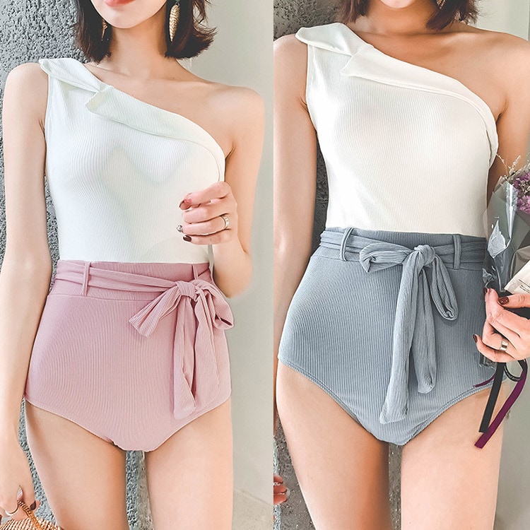 韓国 ウエストリボン バイカラー ワンピース 水着