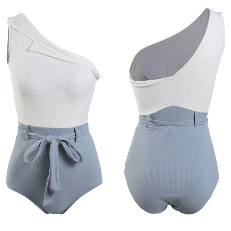 韓国 ウエストリボン バイカラー ワンピース 水着