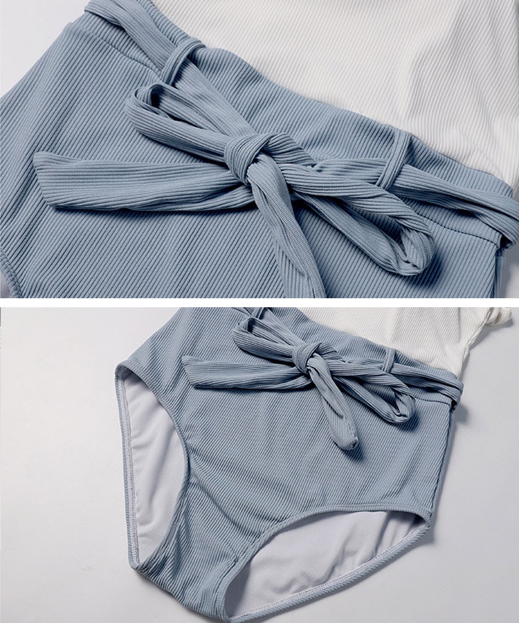 韓国 ウエストリボン バイカラー ワンピース 水着