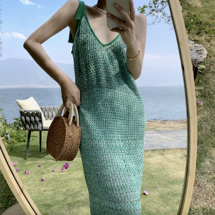 Vネック クロシェニット ロングワンピース