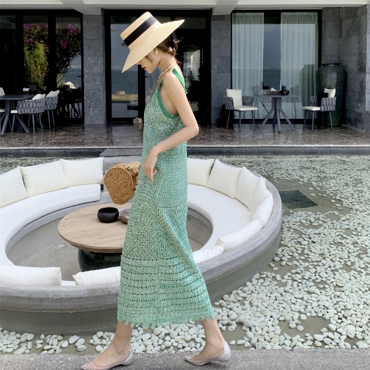 Vネック クロシェニット ロングワンピース