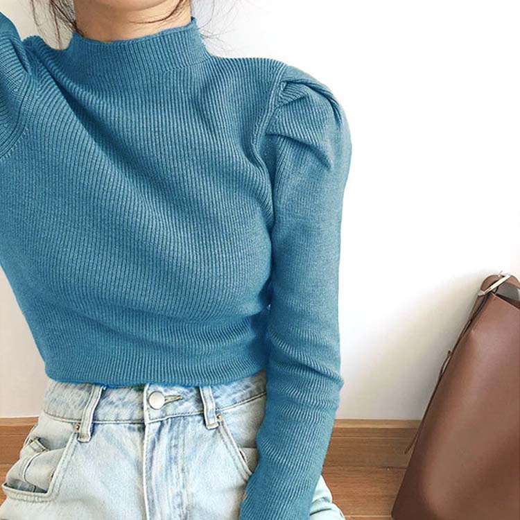 パフスリーブ ハイネック ニットトップス