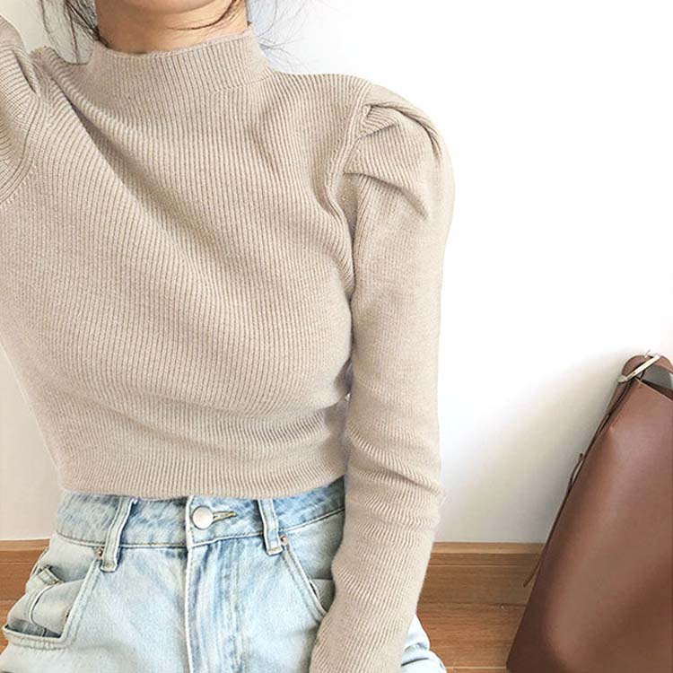 パフスリーブ ハイネック ニットトップス