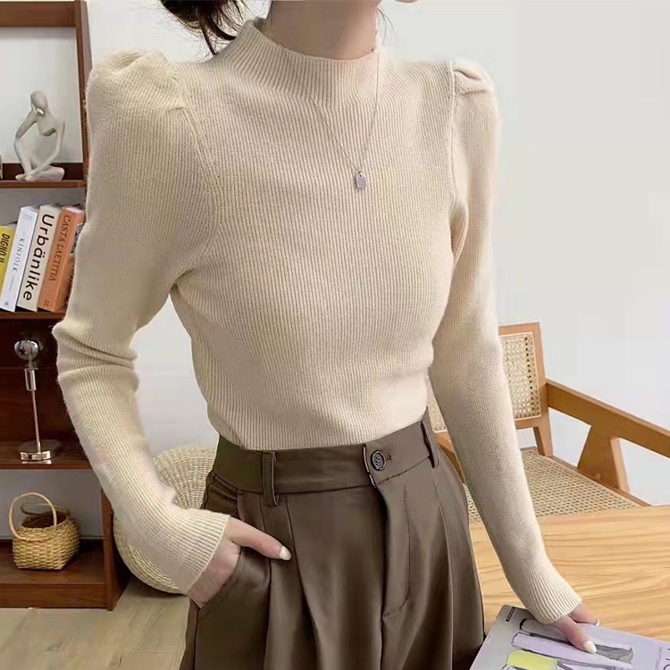 パフスリーブ ハイネック ニットトップス | レディースファッション