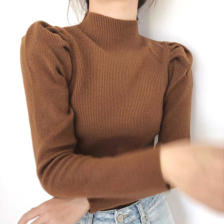 パフスリーブ ハイネック ニットトップス