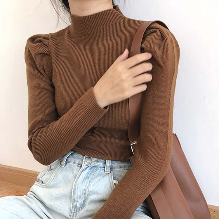 パフスリーブ ハイネック ニットトップス