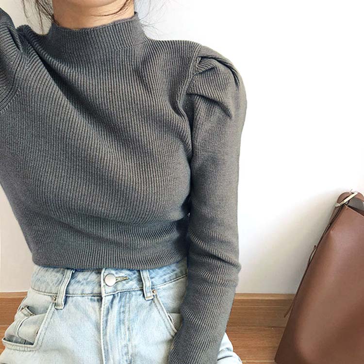 パフスリーブ ハイネック ニットトップス