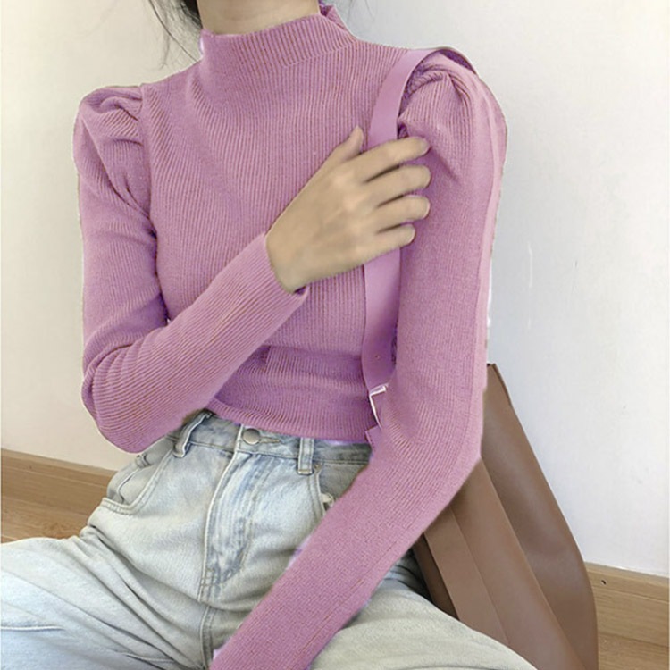 パフスリーブ ハイネック ニットトップス