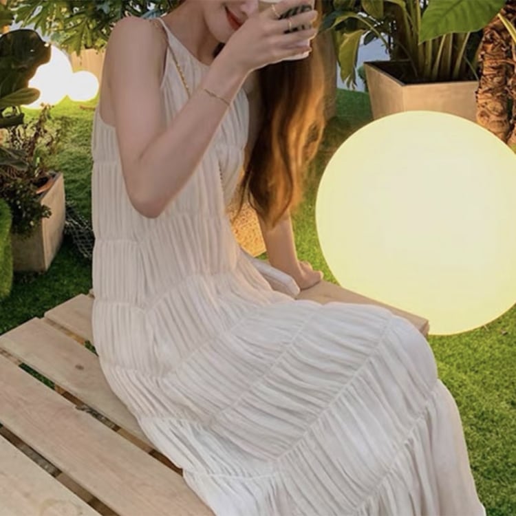 ノースリーブ ふんわり ティアード ロングワンピース