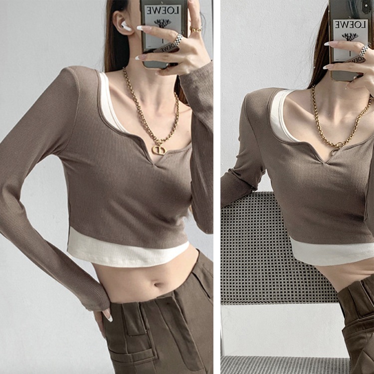 へそ出し キーネック レイヤード風 長袖Tシャツ