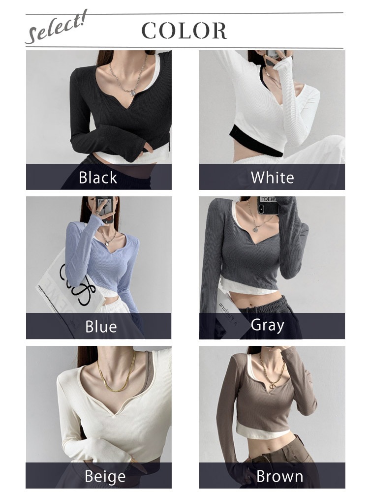 へそ出し キーネック レイヤード風 長袖Tシャツ