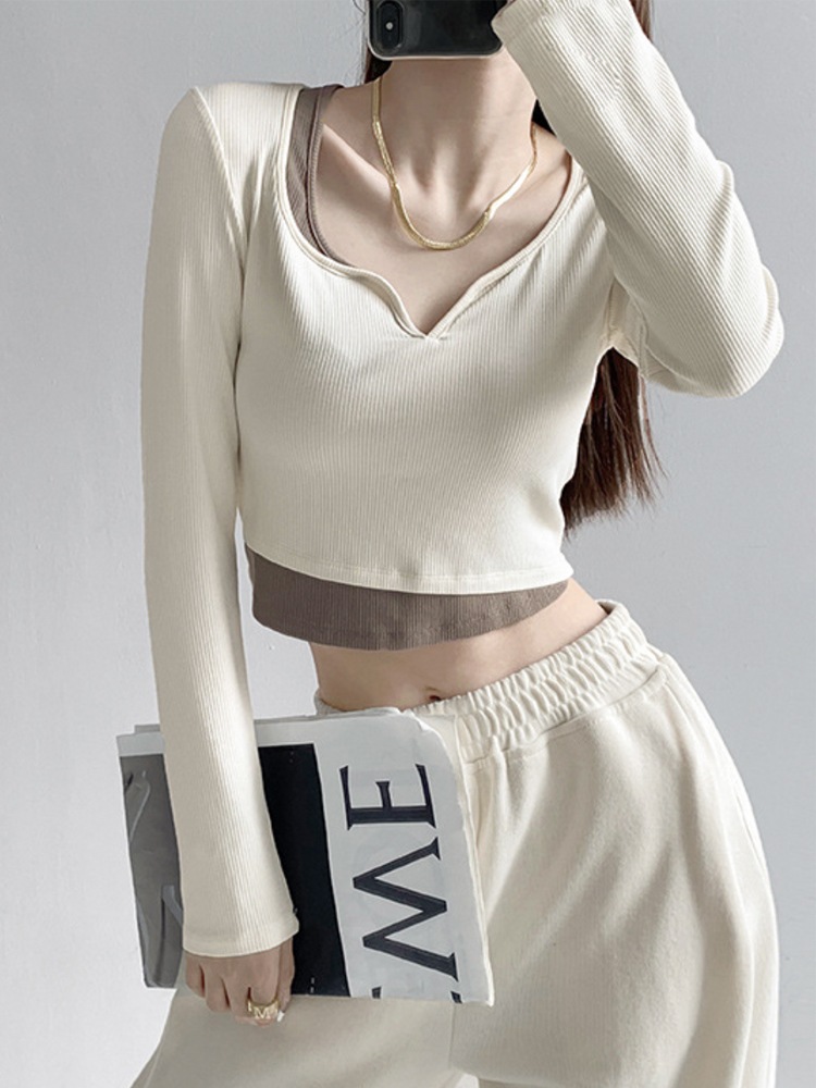 へそ出し キーネック レイヤード風 長袖Tシャツ