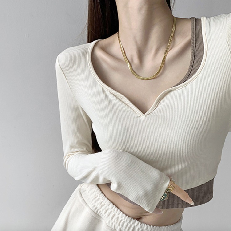 へそ出し キーネック レイヤード風 長袖Tシャツ