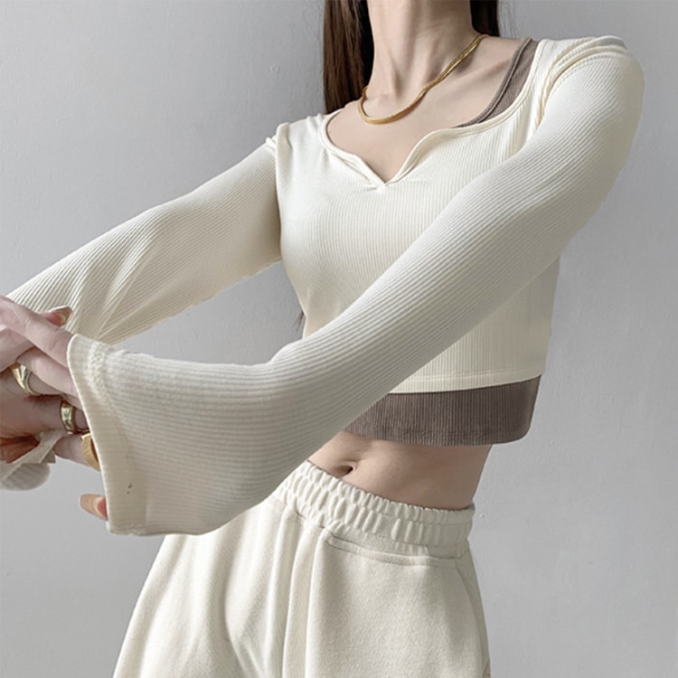 へそ出し キーネック レイヤード風 長袖Tシャツ