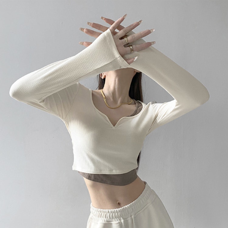 へそ出し キーネック レイヤード風 長袖Tシャツ
