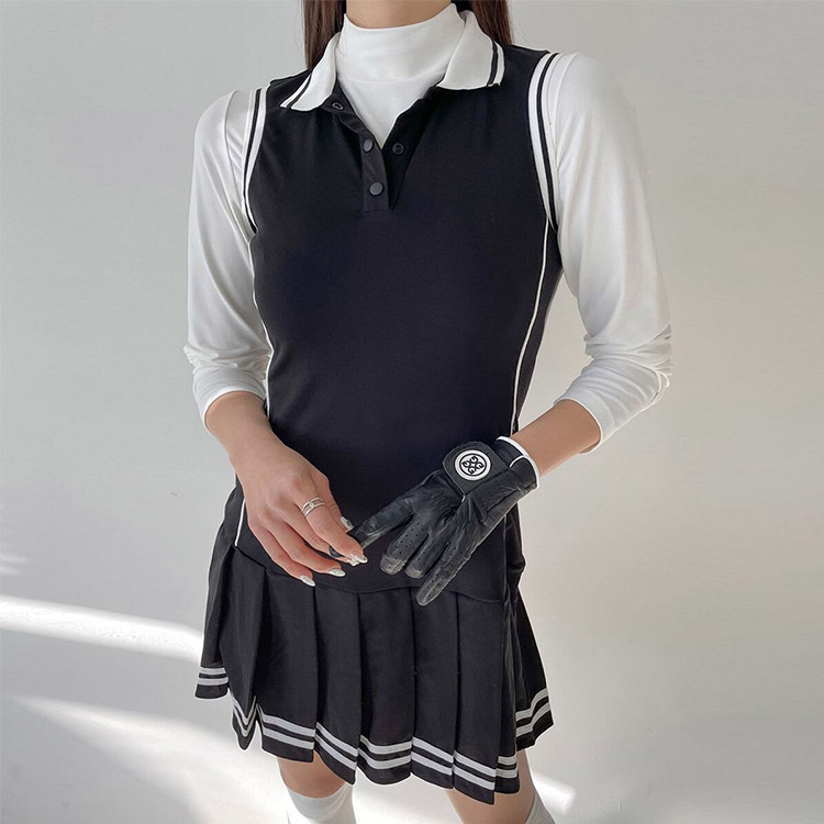 韓国 ノースリーブ バイカラー ポロ プリーツ ワンピース