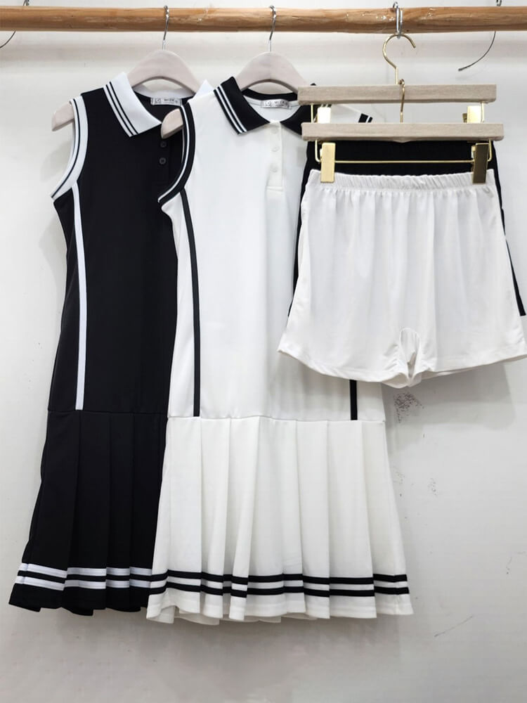 韓国 ノースリーブ バイカラー ポロ プリーツ ワンピース