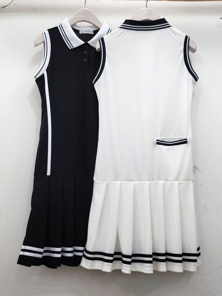 韓国 ノースリーブ バイカラー ポロ プリーツ ワンピース