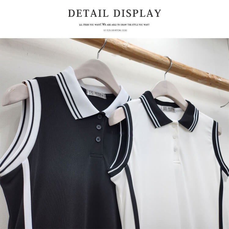 韓国 ノースリーブ バイカラー ポロ プリーツ ワンピース