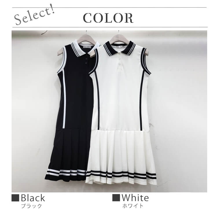 韓国 ノースリーブ バイカラー ポロ プリーツ ワンピース