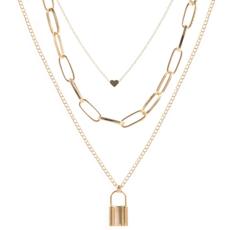 3連 重ね付け ハート 鍵 チェーン ロングネックレス