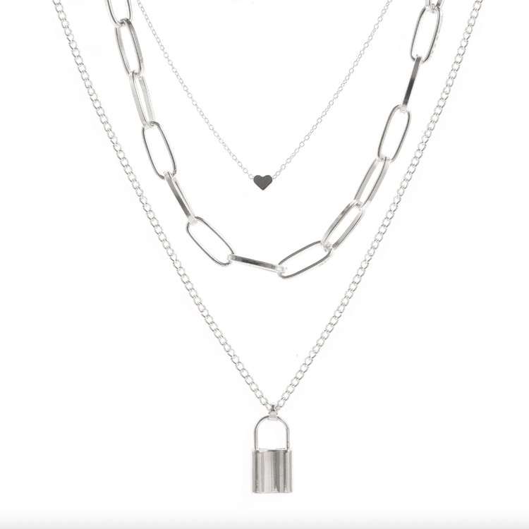 3連 重ね付け ハート 鍵 チェーン ロングネックレス