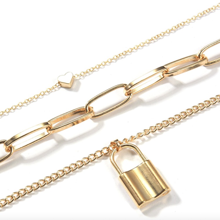 3連 重ね付け ハート 鍵 チェーン ロングネックレス
