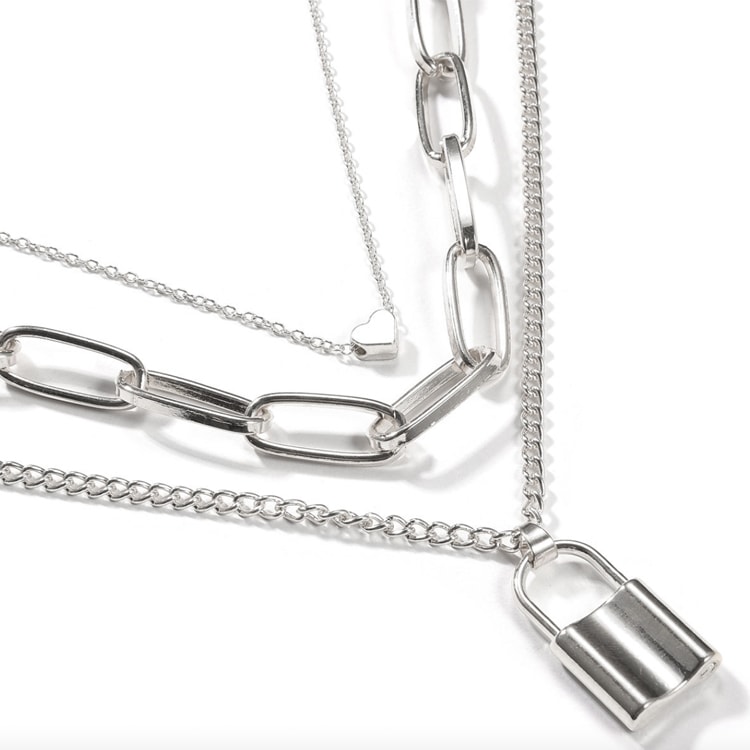 3連 重ね付け ハート 鍵 チェーン ロングネックレス