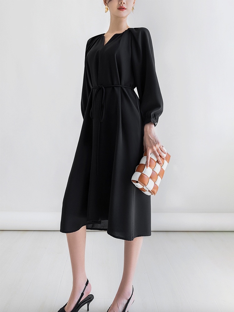 シンプル キーネック ミモレ丈 ゆったり ワンピース