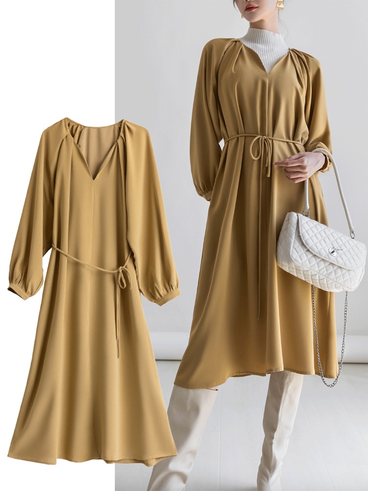 シンプル キーネック ミモレ丈 ゆったり ワンピース