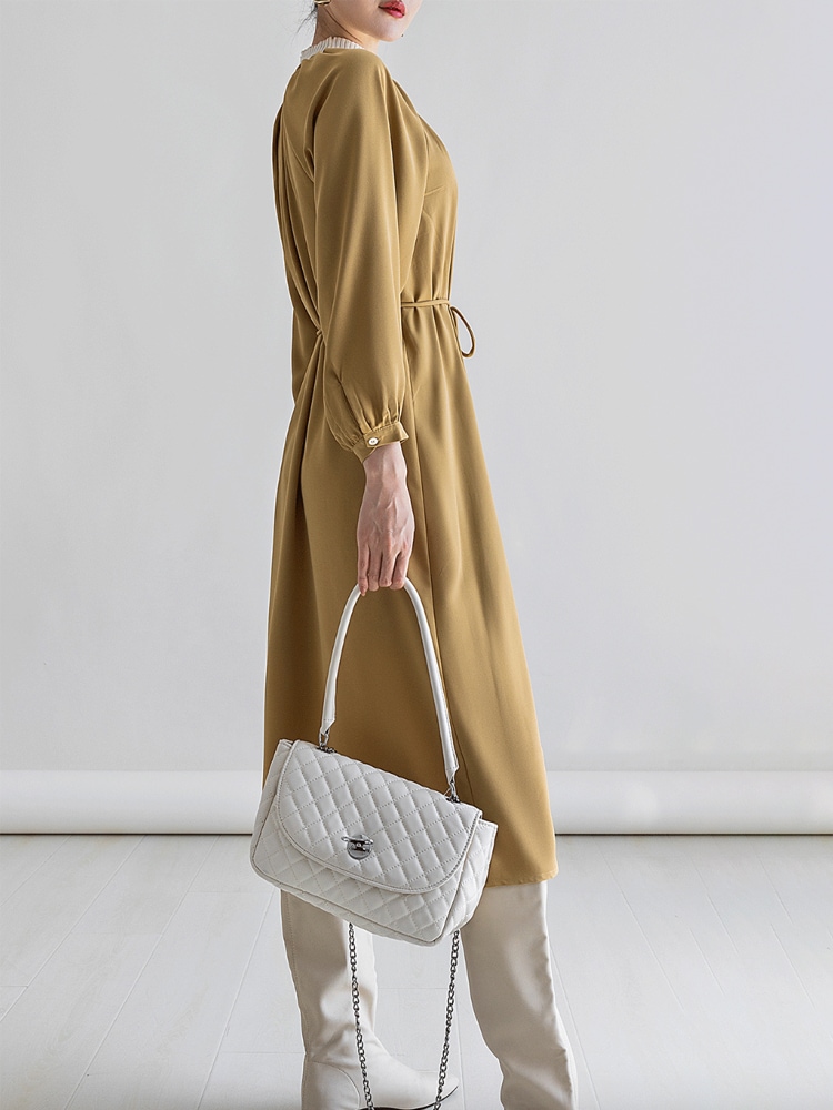 シンプル キーネック ミモレ丈 ゆったり ワンピース