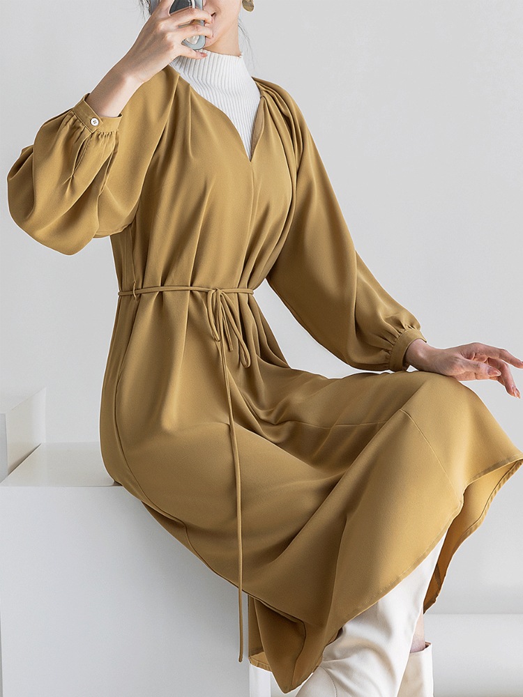 シンプル キーネック ミモレ丈 ゆったり ワンピース