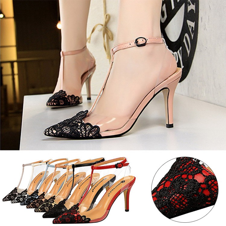 バイカラーレース Tストラップ ミュール