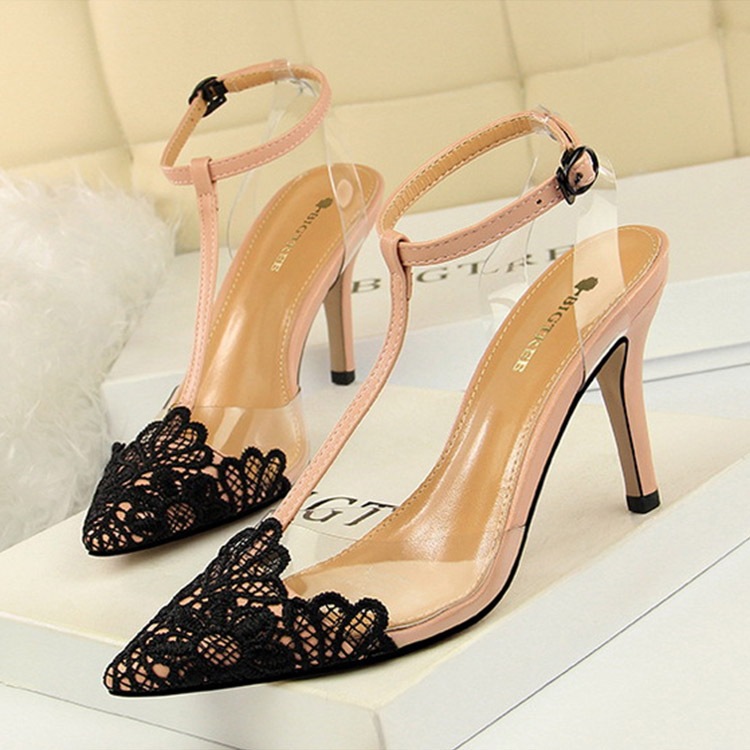 バイカラーレース Tストラップ ミュール