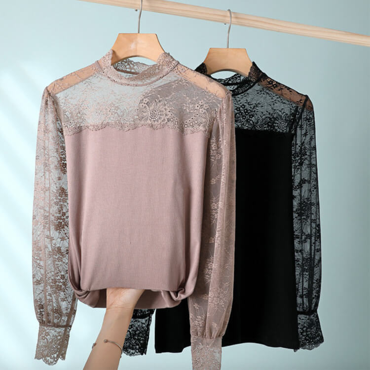 レース切り換え ハイネック シースルー インナー トップス