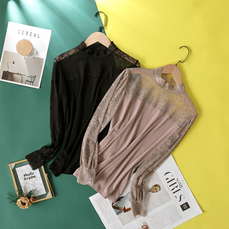 レース切り換え ハイネック シースルー インナー トップス