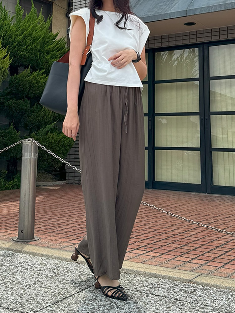 シボ加工 ひんやり薄手 ロング丈 ワイドパンツ